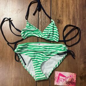 Green and White Striped Kids Bikini